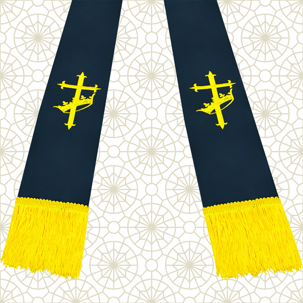 Blue Cross with Crown Logo - Navy Blue and Gold Satin Clergy Stole with Cross & Crown