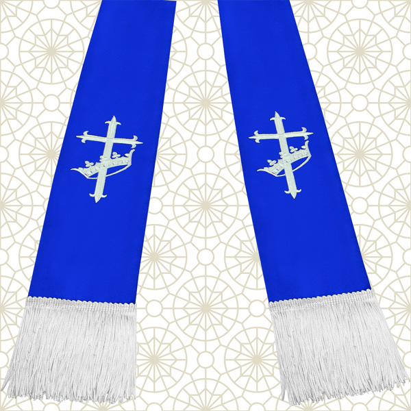Blue Cross with Crown Logo - Royal Blue and White Satin Clergy Stole with Cross & Crown