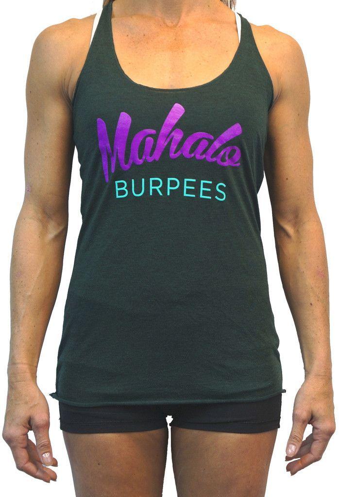 Purple and Green CrossFit Logo - Women's 'Mahalo Burpees' Racerback Tank - Fluorescent Purple on Dark ...