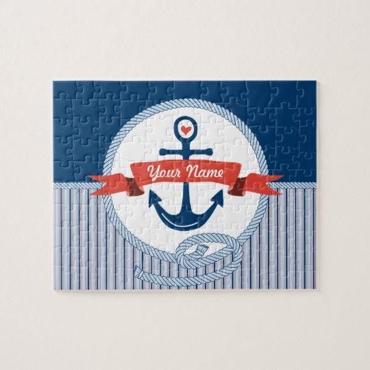 Anchor Blue and Red Logo - Nautical Anchor Rope Ribbon Stripes Red White Blue Jigsaw Puzzle