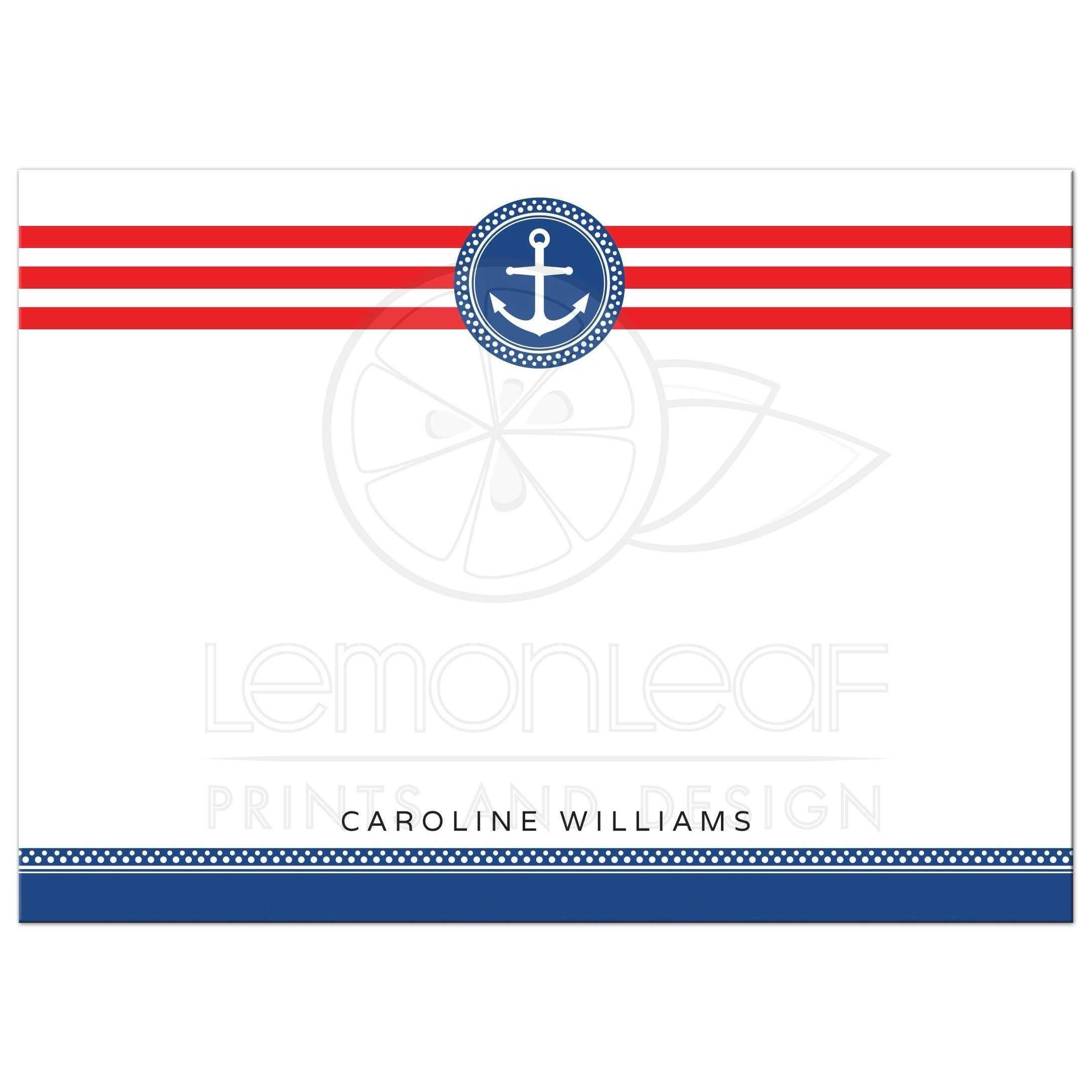 Anchor Blue and Red Logo - Nautical anchor emblem on red stripes, personalized flat note card
