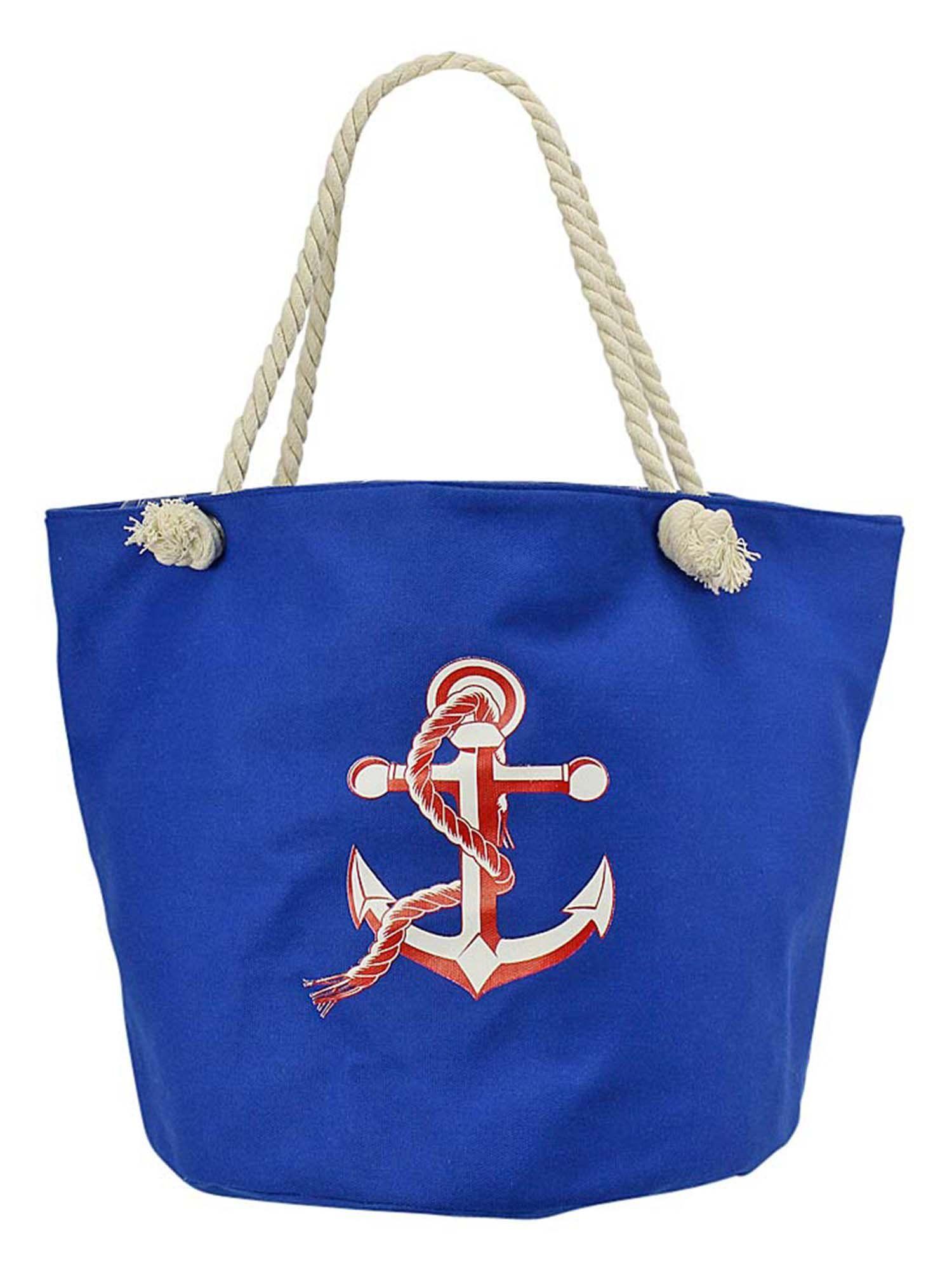 Anchor Blue and Red Logo - Blue Canvas Beach Bag Tote With Red & White Anchor