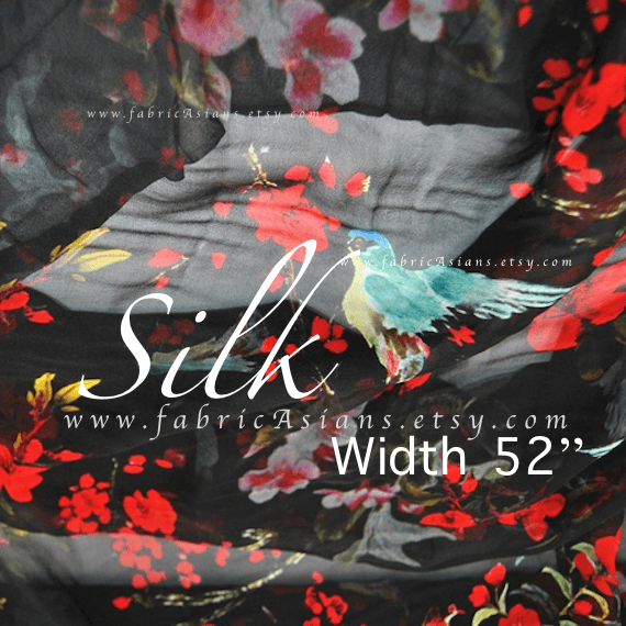 Red and Blue Bird Business Logo - buy blue bird red flowers black silk chiffon by meter Width 135cm ...