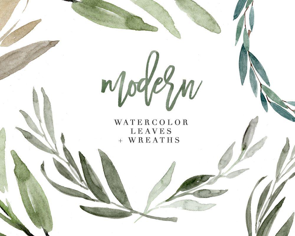 Watercolor Leaf Logo - Modern Watercolor Leaves Clipart for Wedding Invitations, Logos & more