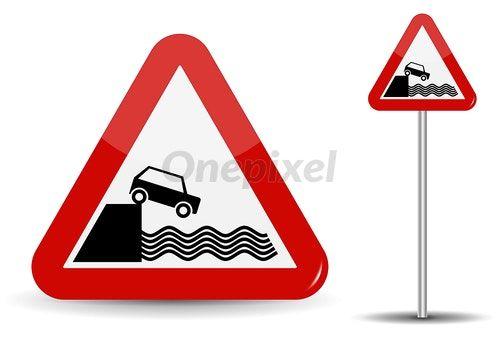 Red Triangle Auto Logo - Road sign Warning Departure to embankment. In Red Triangle, the ...