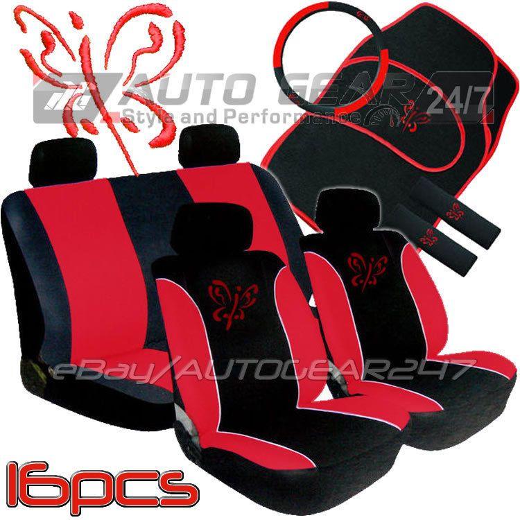 Red and Black Butterfly Logo - Red Black Butterfly 16 Piece Package Car Steering & Seat Covers