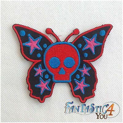 Red and Black Butterfly Logo - BUTTERFLY STAR HEAD Skull Black New Rock Logo Applique Embroidered ...