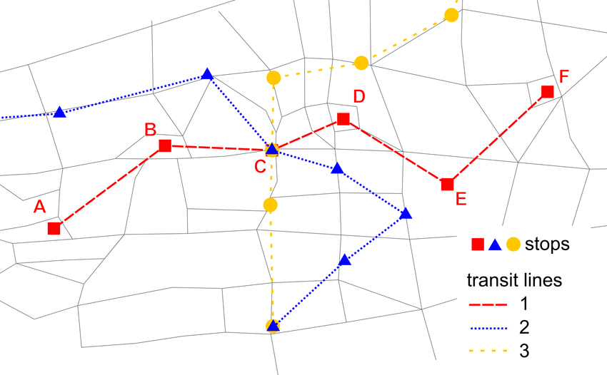 2 Blue Lines and 1 Red Line Logo - An example network containing three public transit lines: line 1