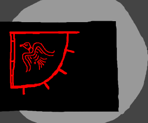 Black and Red Bird Logo - Black flag with red bird infront of grey circl drawing