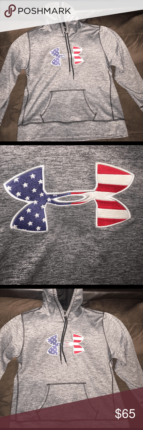 Red and Blue Under Armour Logo - Woman's Under Armour Sweatshirt American Flag Logo Under Armour Gray