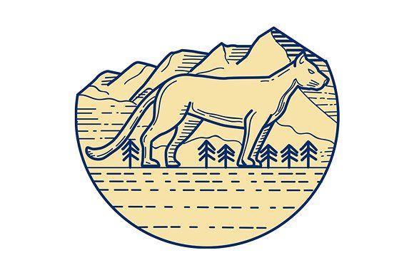 With a Half Circle Mountain Logo - Cougar Mountain Lion Tree Mono Line ~ Illustrations ~ Creative Market