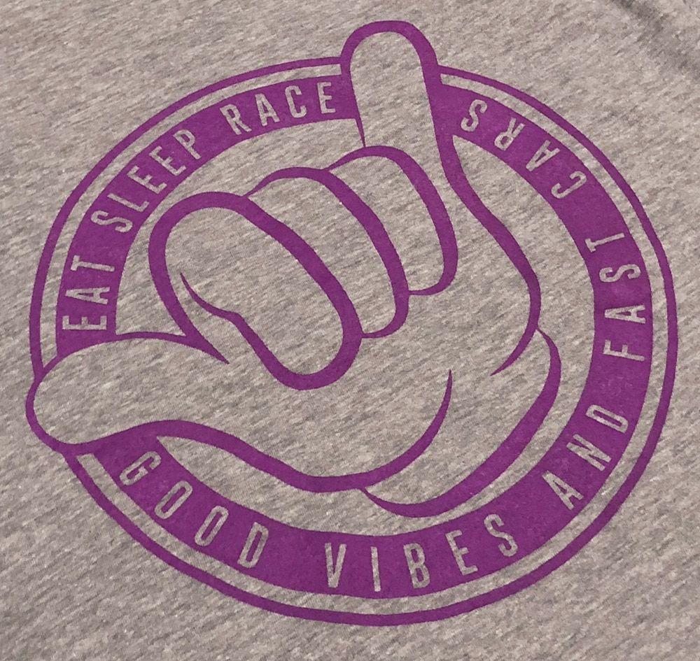 Grey and Purple Circle Logo - Ladies Good Vibes V Neck Shirt. Grey Purple Sleep Race