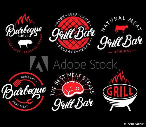 Red and Black Bar Logo - Vector set of grill bar and bbq labels in retro style. Vintage grill ...