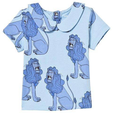 Light Blue Lion Logo - Mini Rodini Light Blue Lion Print Tee With Collar
