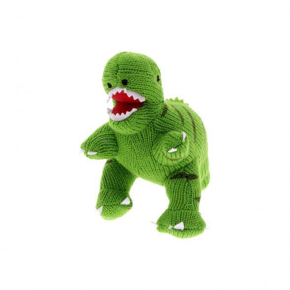 Green Dinosaur Shops Logo - Small green knitted T. rex soft toy with rattle | Natural History ...