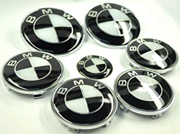 White Wheel Logo - BMW Black White Emblem Logo Badge Set 7 Pc Set 82mm 73mm Hood Trunk