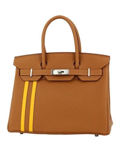 Striped Brown and Yellow Logo - HERMES Birkin 30 Togo leather Brown Yellow Handbag Stripe line