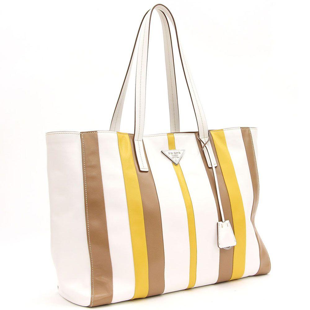 Striped Brown and Yellow Logo - Auc Yume: Prada Tote Bag 1BG032 White Brown Yellow Leather New
