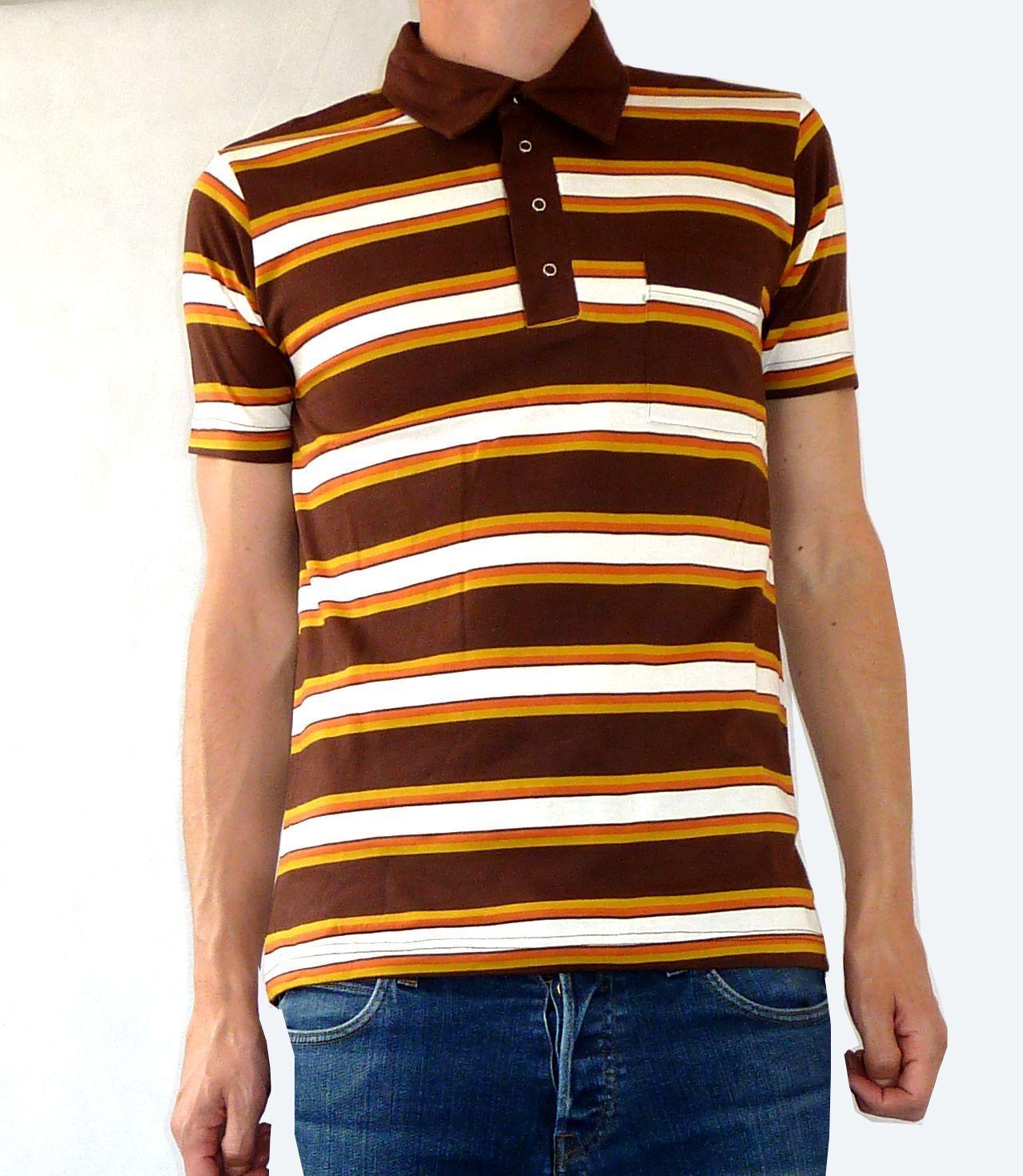 Striped Brown and Yellow Logo - Striped Polo Tee - Button up T Shirt - Brown & Yellow