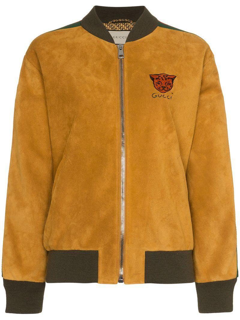 Striped Brown and Yellow Logo - Gucci Logo Stripe Suede Bomber Jacket in Yellow - Lyst