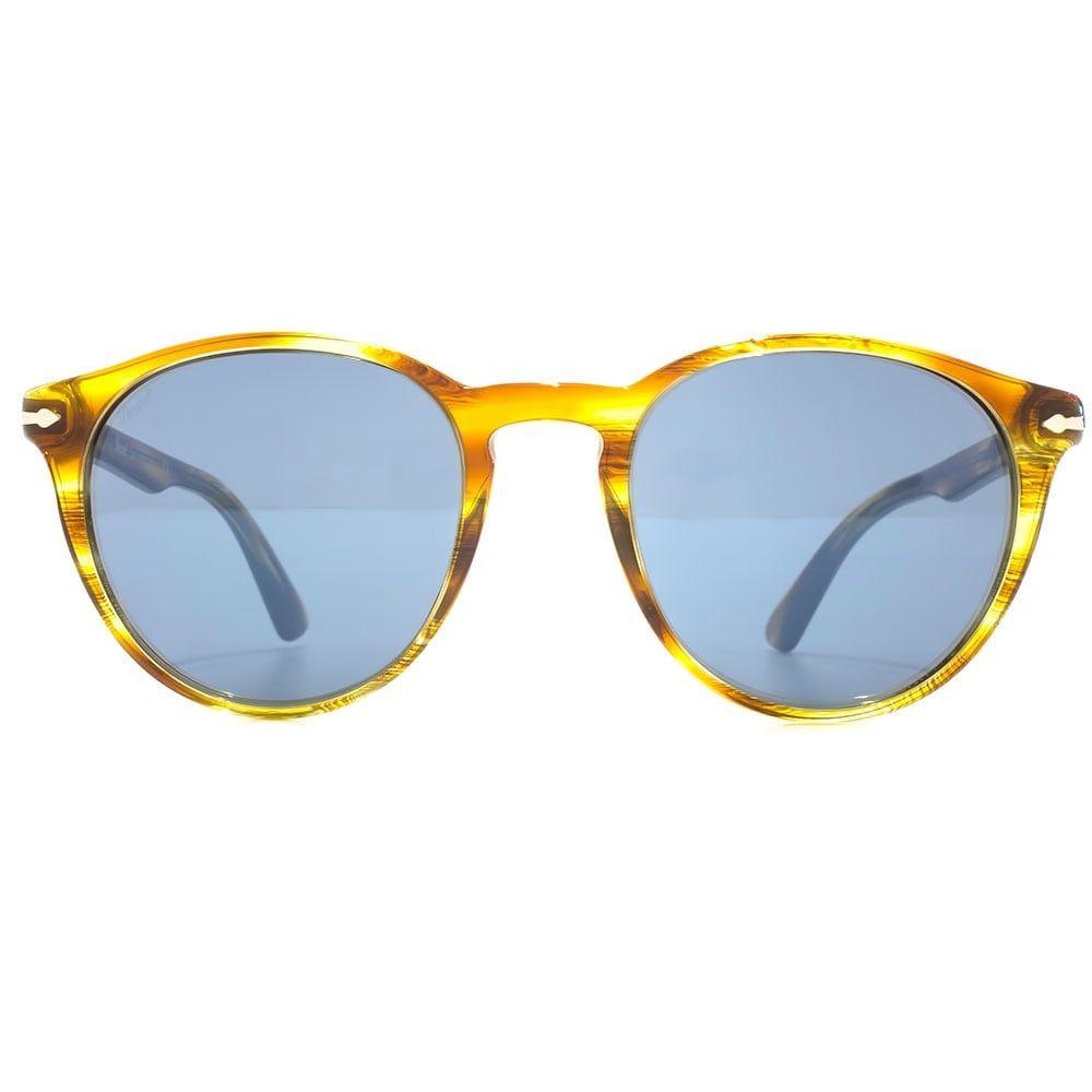 Striped Brown and Yellow Logo - Persol Classic Round Sunglasses in Striped Brown Yellow PO3152S