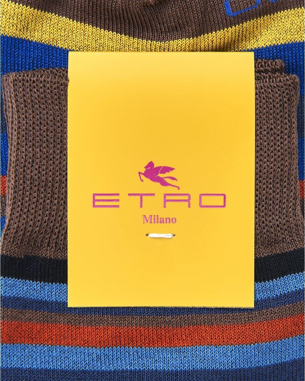 Striped Brown and Yellow Logo - Etro Mens Socks, Horizontal Stripe Blue Brown Yellow Socks