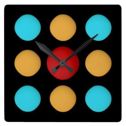 Red and Yellow Square Logo - CUTE Red Yellow Blue Dots Square Wall Clock