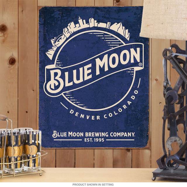 Retro Moon Logo - Blue Moon Skyline Logo Bar Beer Tin Sign at Retro Planet