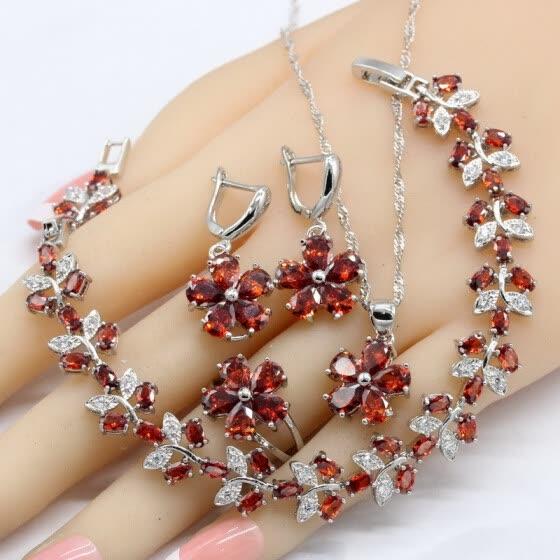 Red Jewelry Logo - Shop Flower Shape Red Garnet 925 Silver Logo Jewelry Sets For Women