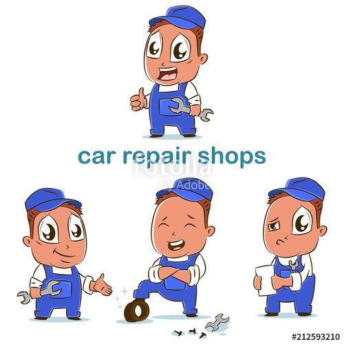 Cartoon Mechanic Shop Logo - Car repair shop vector set of auto car mechanics in different poses ...