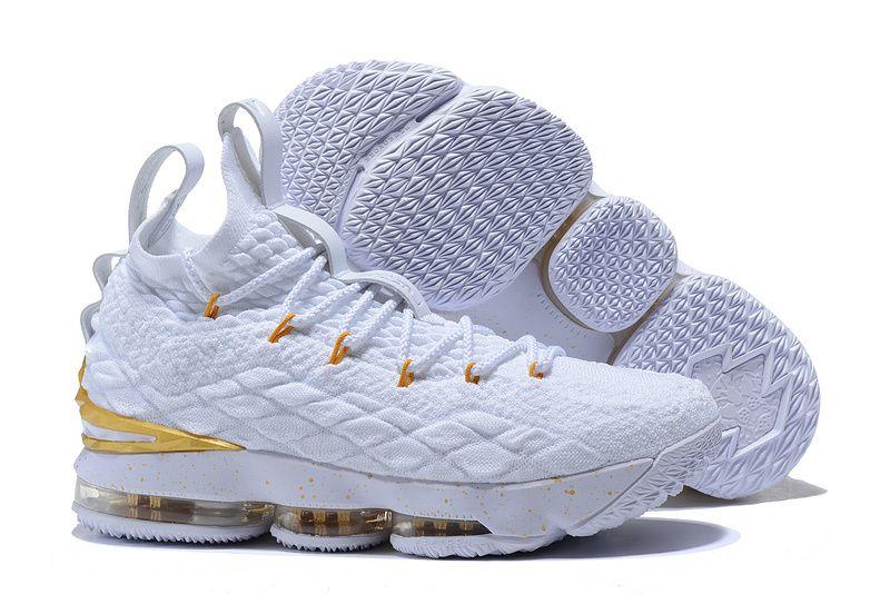 Gold LeBron Logo - Nike Lebron James XV Basketball Shoes in White Gold with White Logo