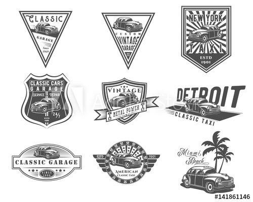 Classic American Car Logo - Vector set of classic American car and taxi cab for logo templates ...