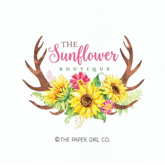 Sunflower Logo - sunflower logo deer antlers logo boho logo premade logo