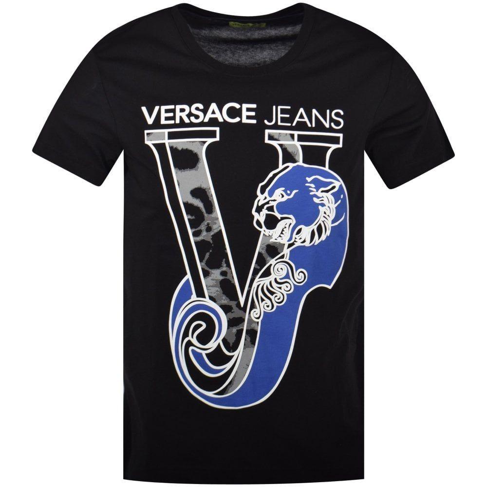 Black and Blue Logo - VERSACE JEANS Versace Jeans Black Blue Large Logo T Shirt