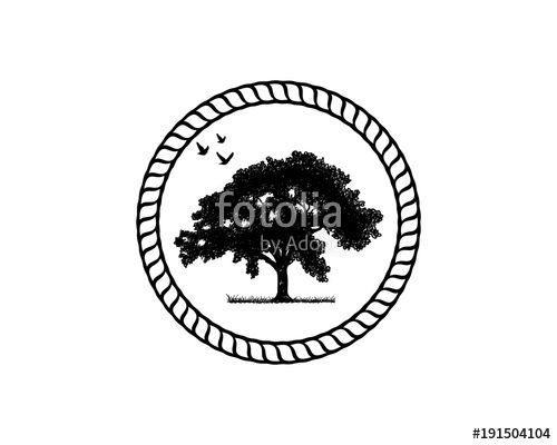 Like Symbol Circle with Black Tree Logo - Line Art Classic Circle with Oak Tree and Flying Bird Illustration ...