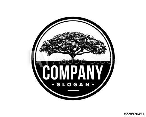 Company with Green Circle Logo - Hand Drawn Vector Green Oak Tree with Grass Sign Symbol Vintage ...