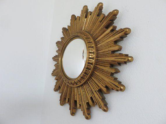 French Gold Sun Logo - très rare ancien miroir soleil doré oeil de sorcière bombé mid