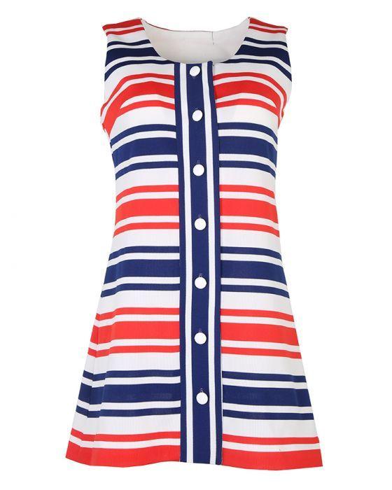 Red White and Blue Stripes Logo - 60s Red White and Blue Striped Button Down Mini Dress White £38