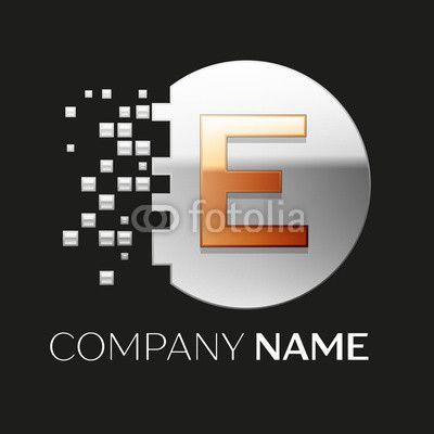 Golden E Logo - Realistic Golden Letter E logo symbol in the silver colorful pixel ...