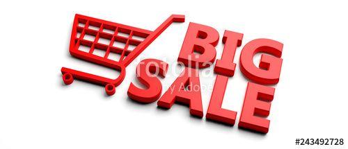 Red and White Supermarket Logo - Text big sale and supermarket cart isolated on white. 3D