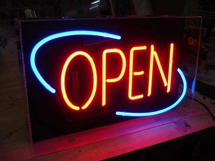 Blue and Red Restaurant Logo - Open Neon Sign Blue & Red