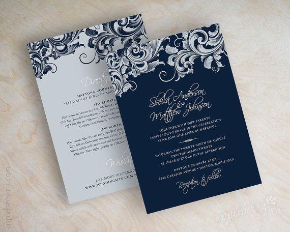 Navy Blue and Silver Logo - Wedding Invitations, Victorian Filigree Pattern Design Wedding ...