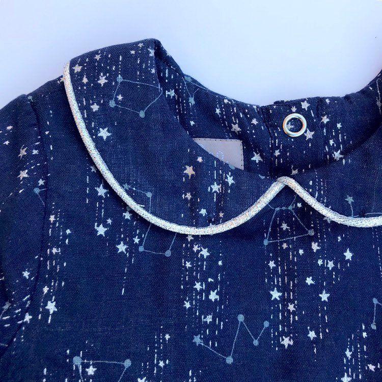 Navy Blue and Silver Logo - Eddie & Bee Luna” collar dress in Navy Blue silver constellations