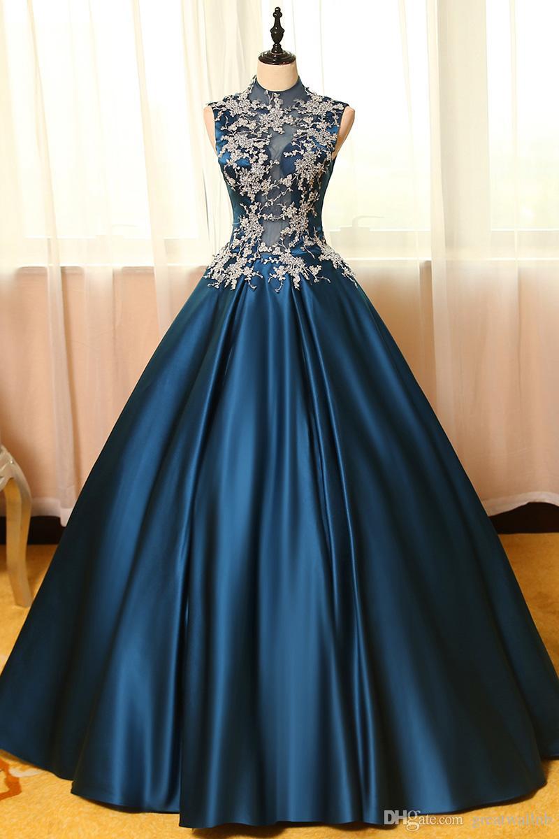 Navy Blue and Silver Logo - 100%real Navy Blue Silver Flower Embroidery Theme Court Ball Gown