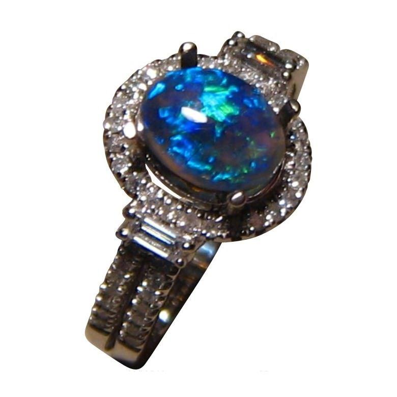 Semi Oval Blue Logo - Semi Black Opal Diamond Ring Blue Oval - Black Opal Rings | FlashOpal