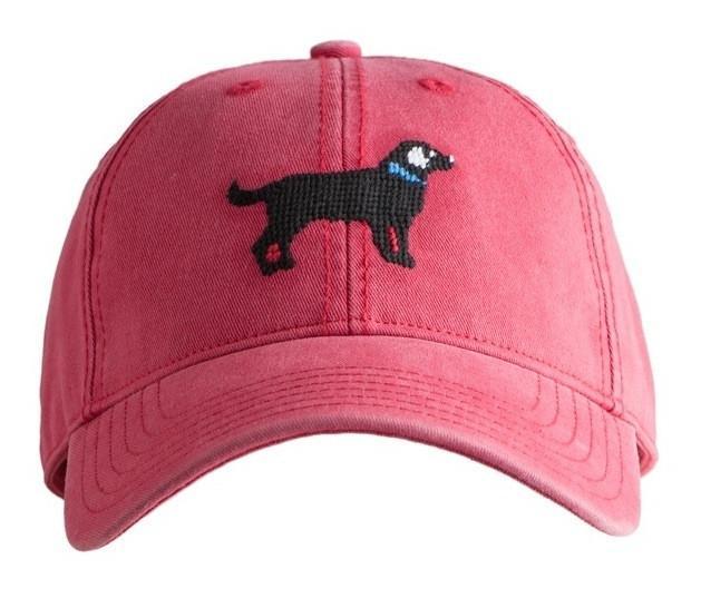 Red and Black Dog Logo - Black Lab on Weathered Red Needlepoint Hat