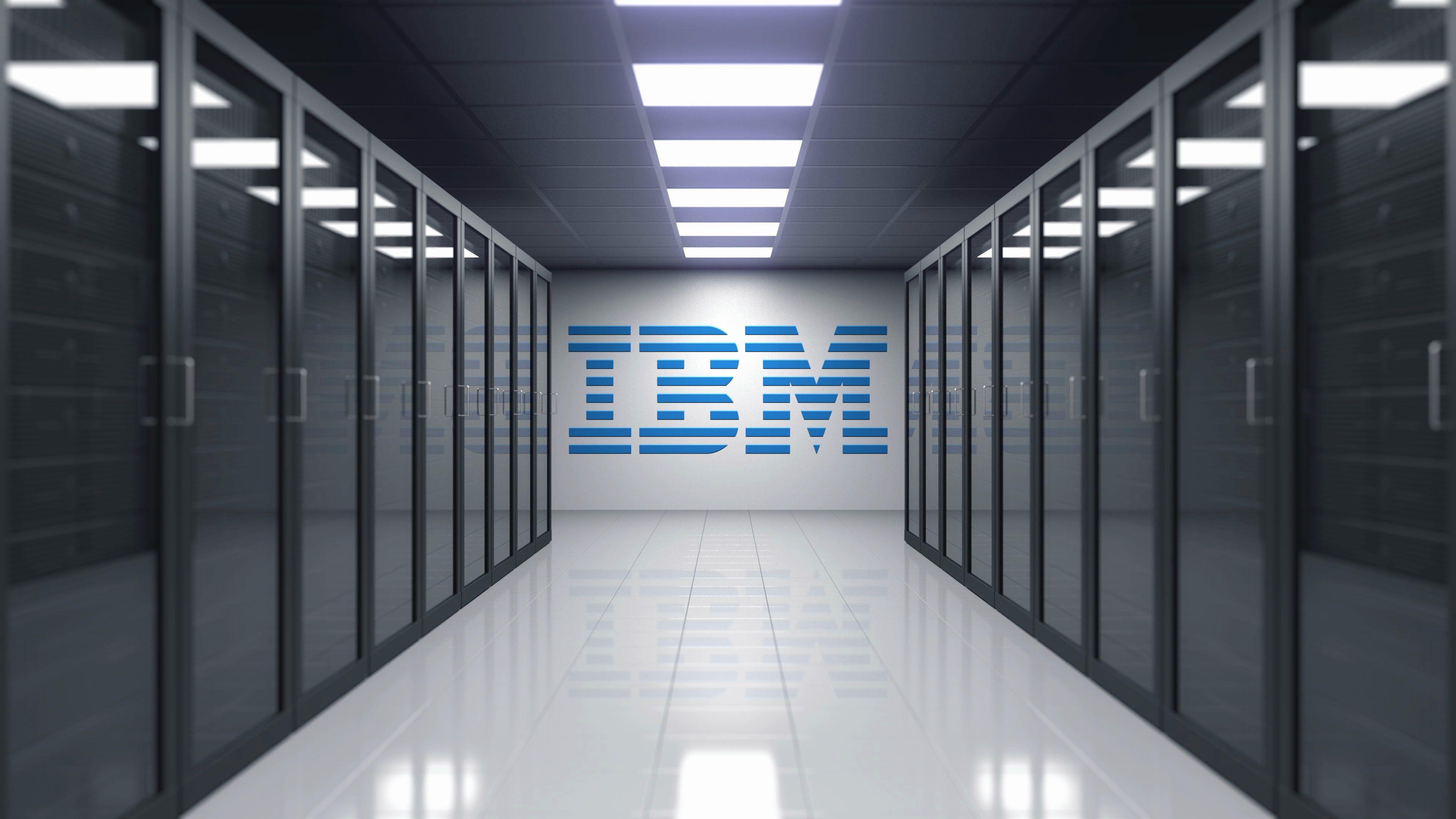IBM Server Logo - Video: IBM logo on the wall of the server room. Editorial 3D