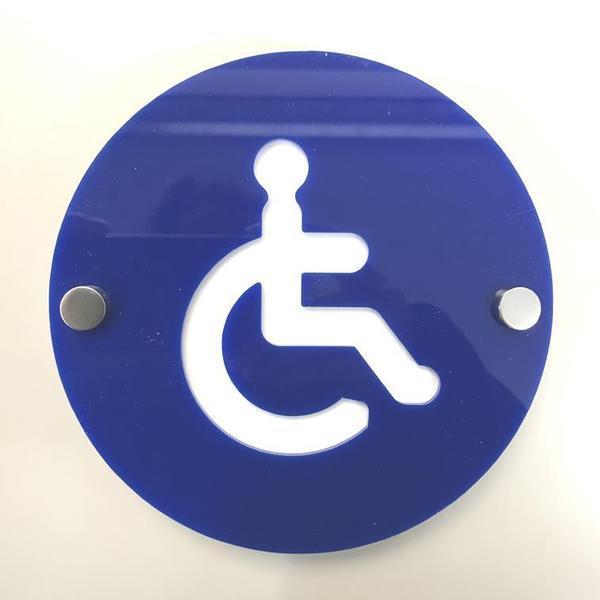 White and Blue Round Logo - Round Disabled Toilet Sign & White Gloss Finish