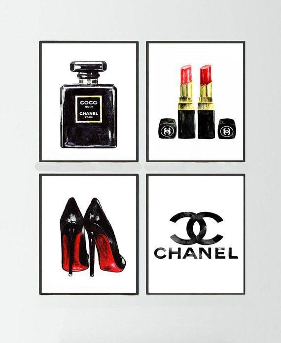 Chanel Bottle Logo - Chanel Noir perfume Set of 4 Chanel painting Chanel logo | Etsy
