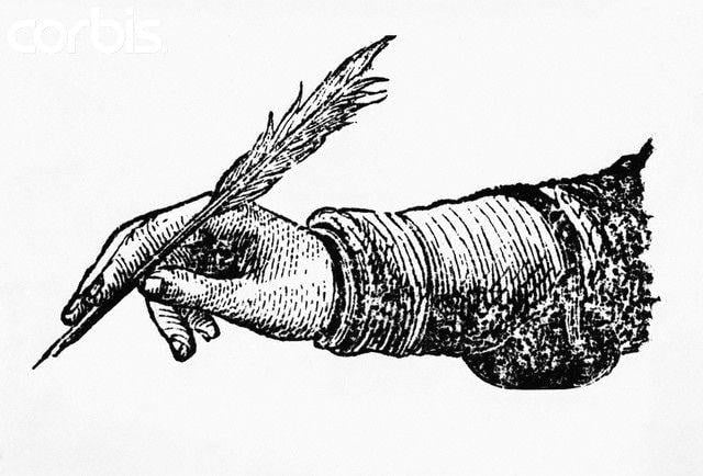 Quill in Hand Logo - Hand with Quill. Hand in writing position. Undated woodcut